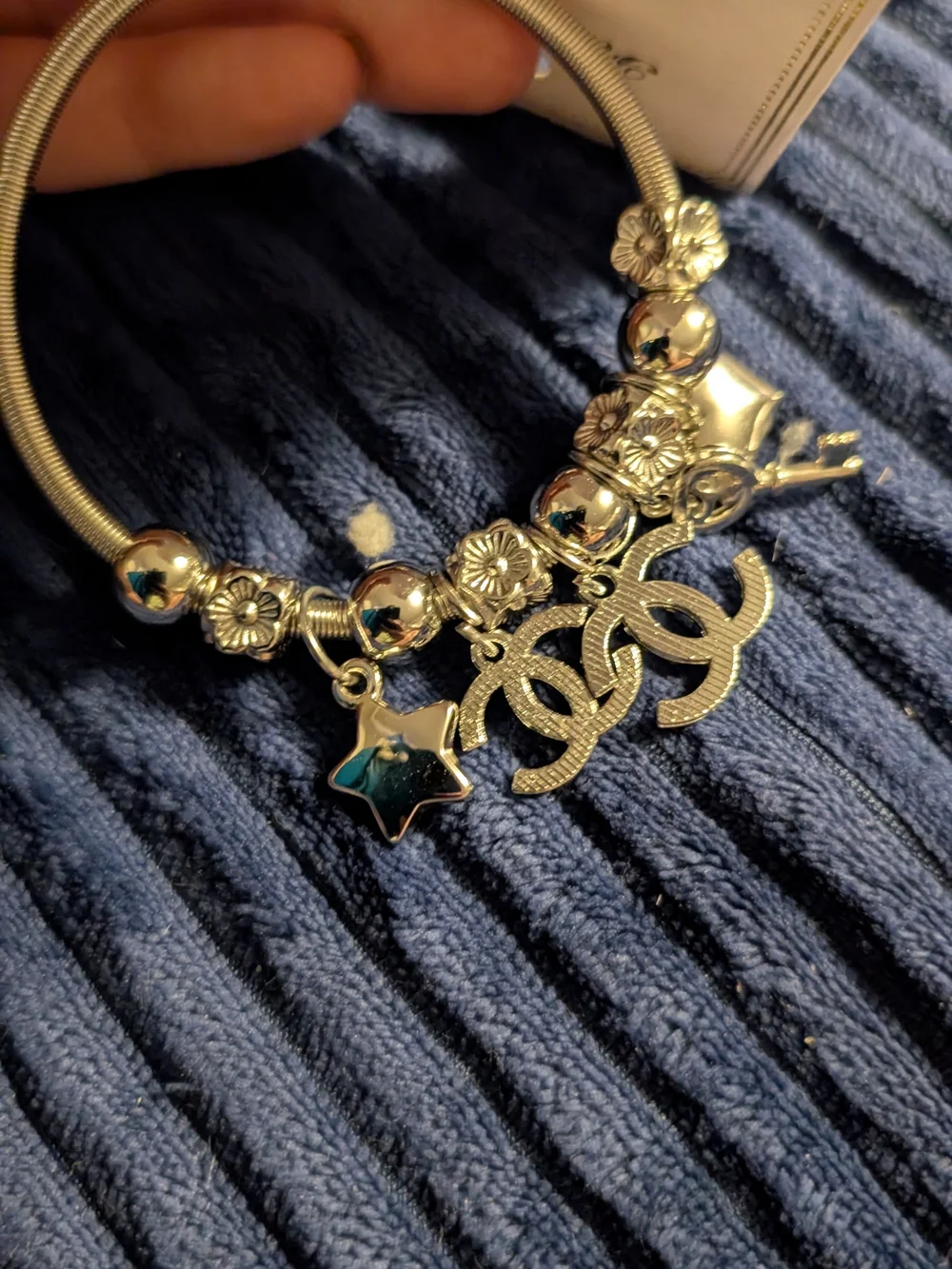Silver Charm Bracelet with Interlocking Logo Accent